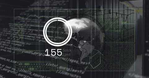 Image of data processing over globe and computer servers Stock Photos