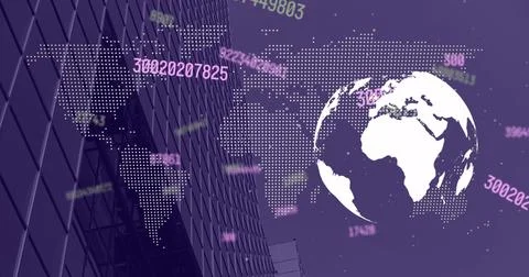 Image of data processing over globe and building Stock Photos