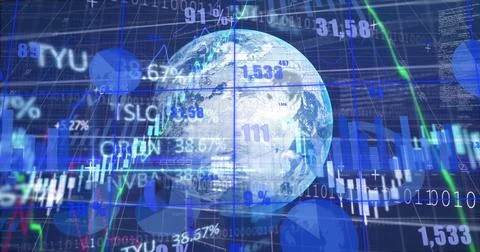 Image of data processing over globe and binary coding 스톡 사진