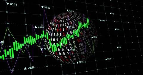 An image of data processing over a globe with binary coding on a black 스톡 사진
