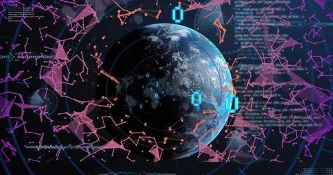 Image of data processing over globe and connections with binary coding 스톡 사진