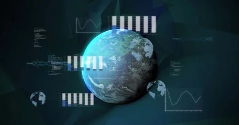 Image of data processing over globe on black background Stock Photos