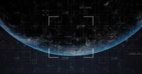 Image of data processing over globe on blue background 스톡 사진
