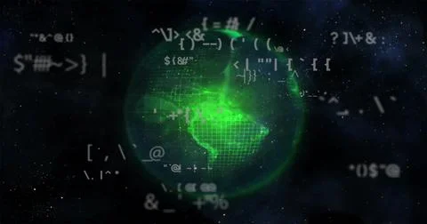 Image of data processing over globe on blue background 스톡 사진
