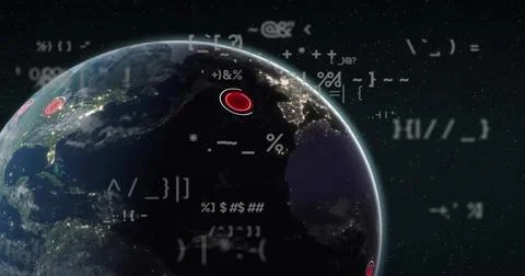 Image of data processing over globe on blue background Stockfoto's