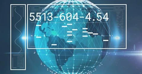Image of data processing over globe on blue background 스톡 사진