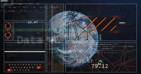 Image of data processing over globe on black background Stock Photos