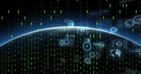 Image of data processing over globe on black background 스톡 사진