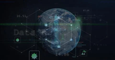 Image of data processing over globe on black background Stock Photos