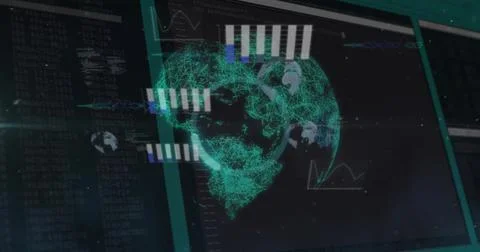 Image of data processing over globe on black background 写真素材