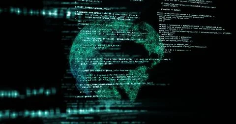 Image of data processing over globe on black background 写真素材