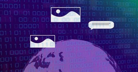 Image of data processing over globe with icons on blue background Stockfoto's