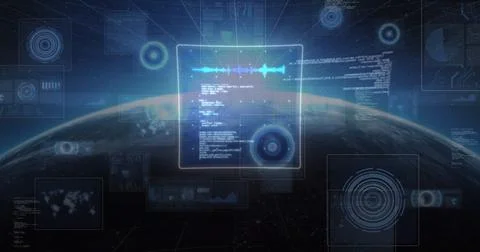 Image of data processing over globe on black background 库存照片