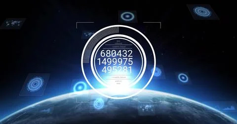 Image of data processing over globe on black background Stockfoto's