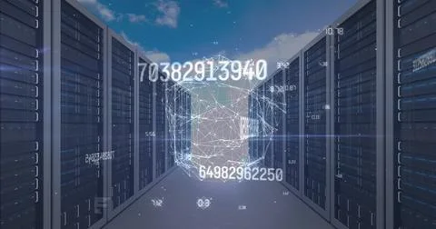 Image of data processing over globe and server room Stock Photos