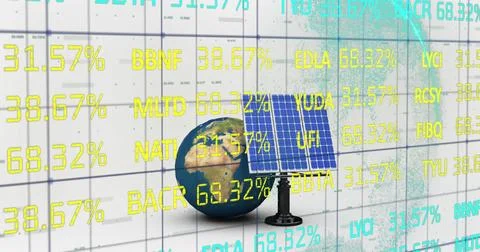 Image of data processing over globe and solar panel Foto stock