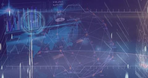 Image of data processing over globe and moving clock on black background Stock Photos