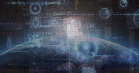 Image of data processing over globe and caucasian man Stock Photos