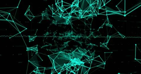 Image of data processing over glowing green plexus networks against black Stock Photos