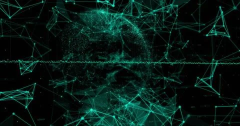 Image of data processing over glowing green plexus networks against black Stock Photos