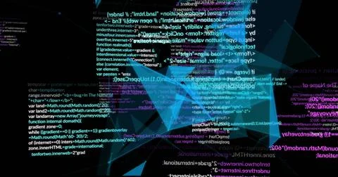 Image of data processing over glowing light trails on black background Foto stock