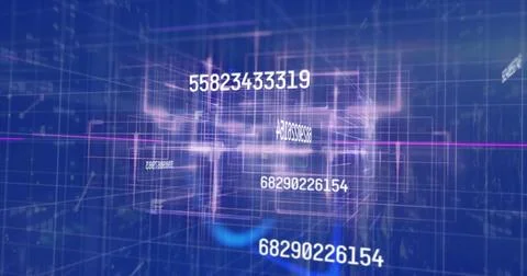 Image of data processing over glowing grids on blue background 스톡 사진