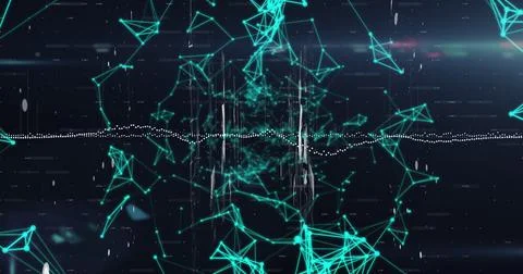 Image of data processing over glowing green network of connections against blue Stockfoto's