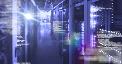 Image of data processing over glowing computer servers in server room 스톡 사진
