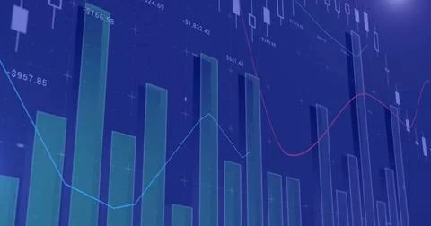 Image of data processing over graphs and charts on dark background Stock Photos