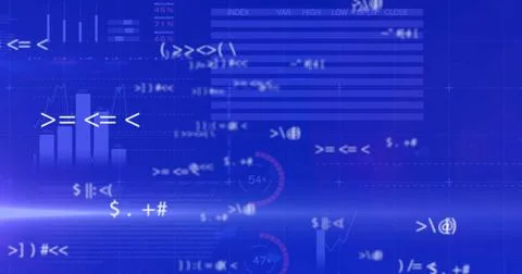 Image of data processing over graphs and charts on blue background Stock Photos