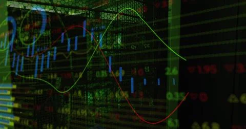 Image of data processing over green lights of computer server Stock Illustration