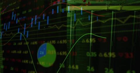 Image of data processing over green lights of computer server Illustrazione stock