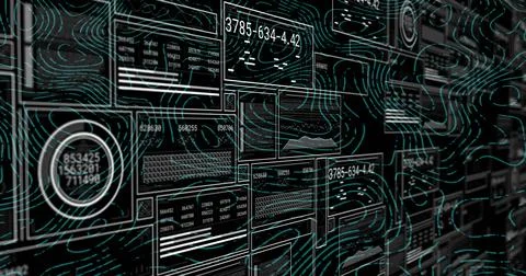 Image of data processing over green lines on black background Illustrazione stock