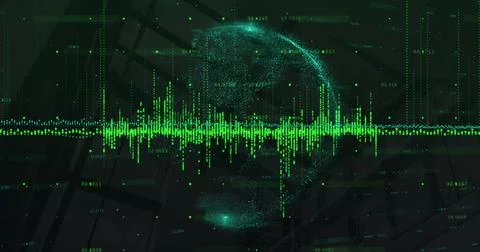 Image of data processing over green globe and modern building 스톡 일러스트