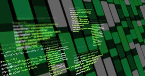 Image of data processing over green lights moving on black background Foto stock