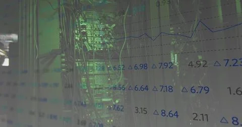 Image of data processing over green lit computer servers Stock Photos
