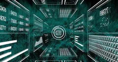 Image of data processing over green lines on black background 스톡 사진