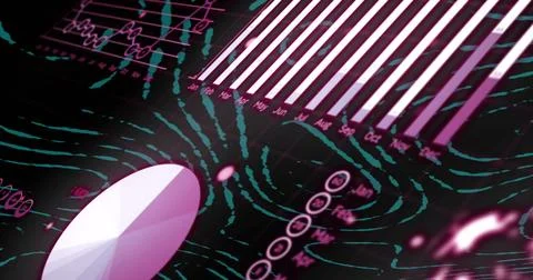 Image of data processing over green lines on black background 写真素材