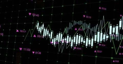 Image of data processing over grid network against black background Stock Illustration