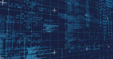 Image of data processing over grid on dark backgorund Stock Illustration