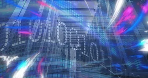 Image of data processing over grid and womans blue shape Stock Photos