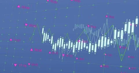 Image of data processing over grid network against blue background Stock Photos