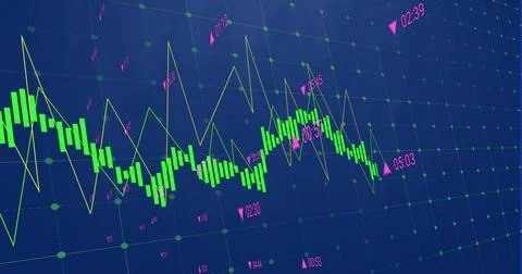 Image of data processing over grid network against blue background Stock Photos