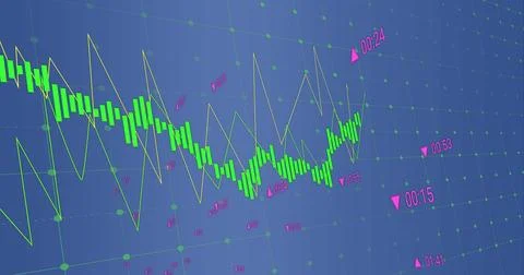 Image of data processing over grid network against blue background Foto stock