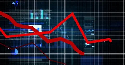 Image of data processing over grid and dark background 스톡 사진