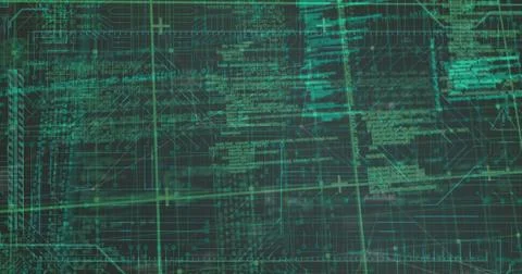 Image of data processing over grid on black background Stockfoto's