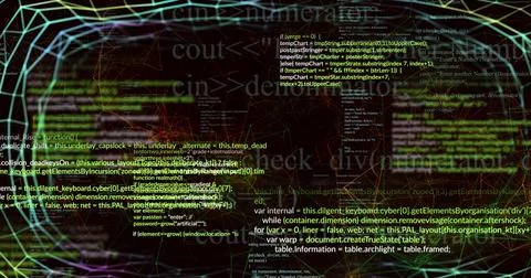 Image of data processing over grid on black background Stock Photos