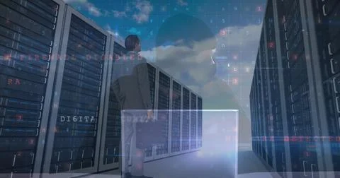 Image of data processing over hacker, computer servers and caucasian businessman Stock Photos