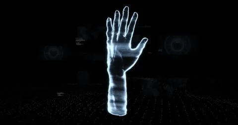 Image of data processing over hand model on black background Stock Illustration