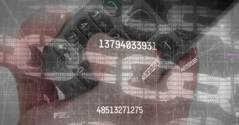 Image of data processing over hand using phone Illustrazione stock